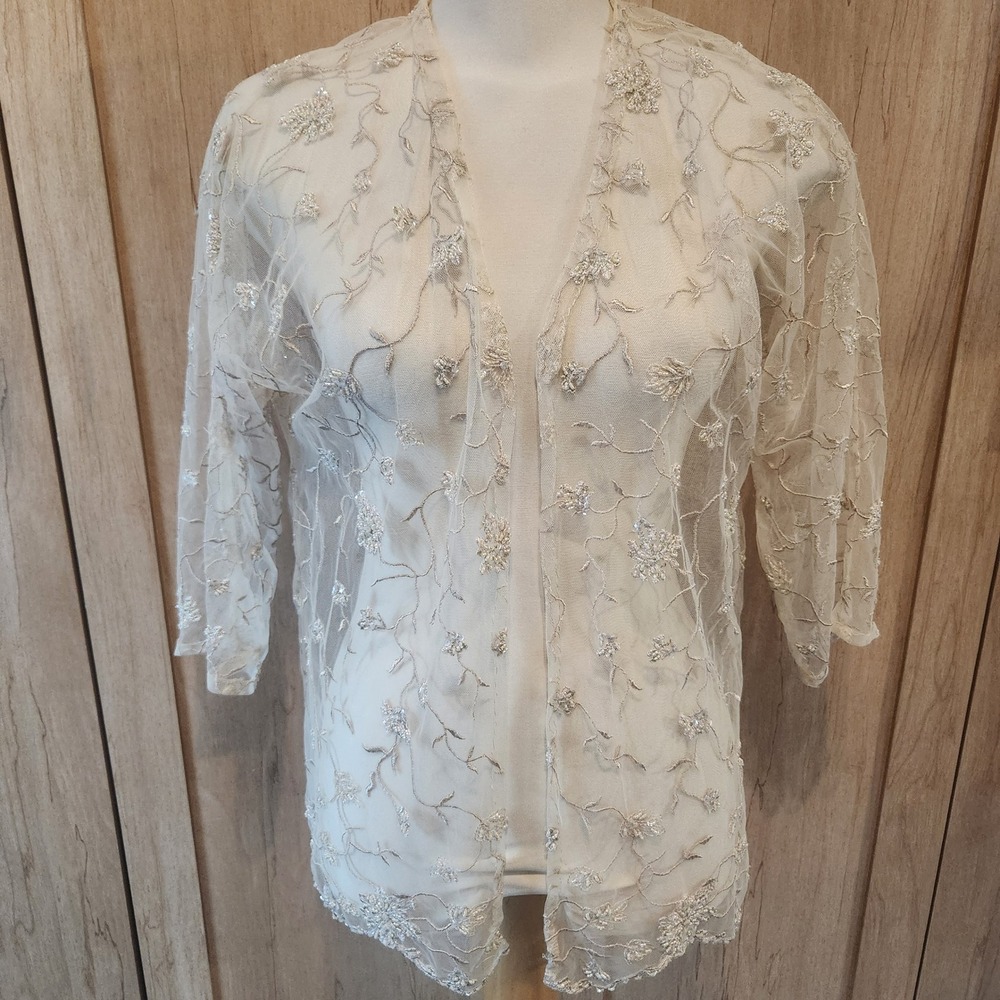Bridal‎ Embroidered Beaded Sheer Mesh Open shrug Cardigan Ivory Floral ethereal